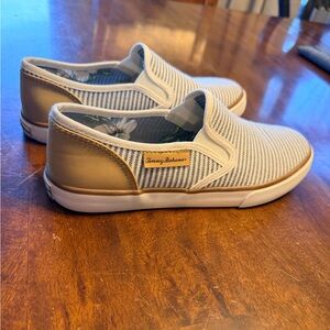 Tommy Bahama Gold and White Striped Sneakers